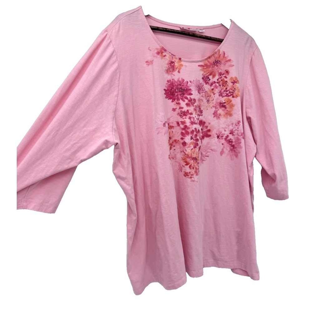 QUACKER FACTORY 3/4 Sleeve Blouse Rhinestone Floral fairy QVC pink 3x plus